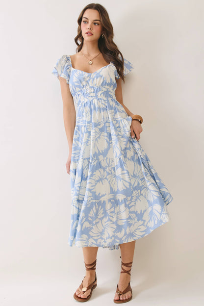 Floral Print Back Cutout Tiered Midi Dress