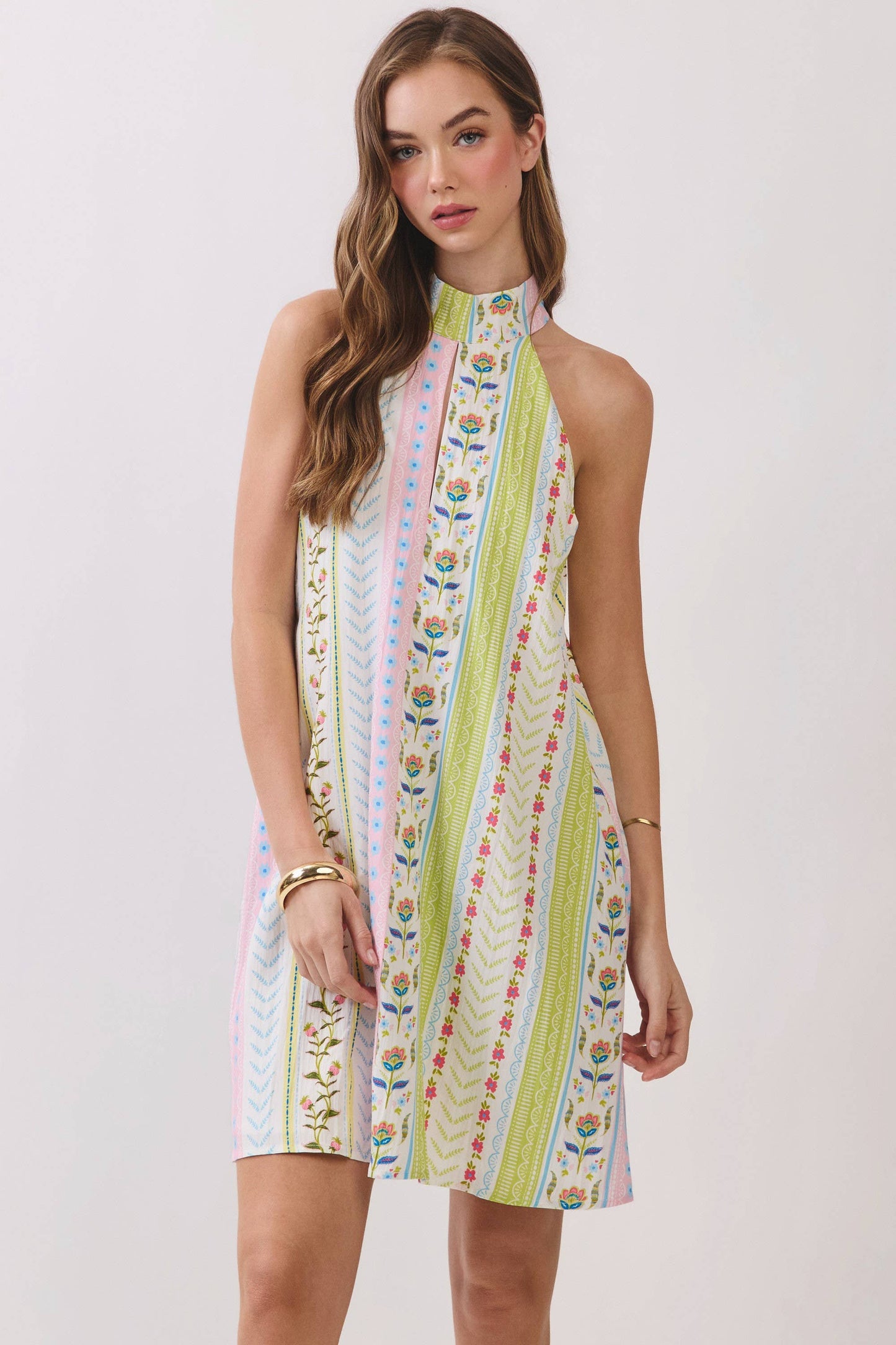 Pastel Stripe Halter Neckline Mini Dress