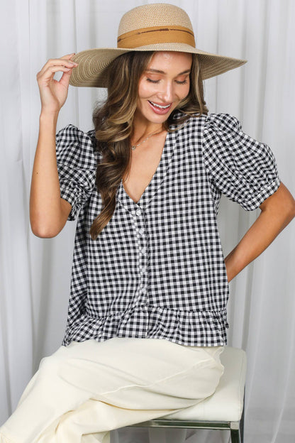 Gingham Short Puff Sleeve Blouse