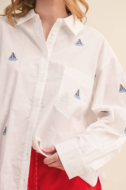 Sailboat Embroidery Button Down Top
