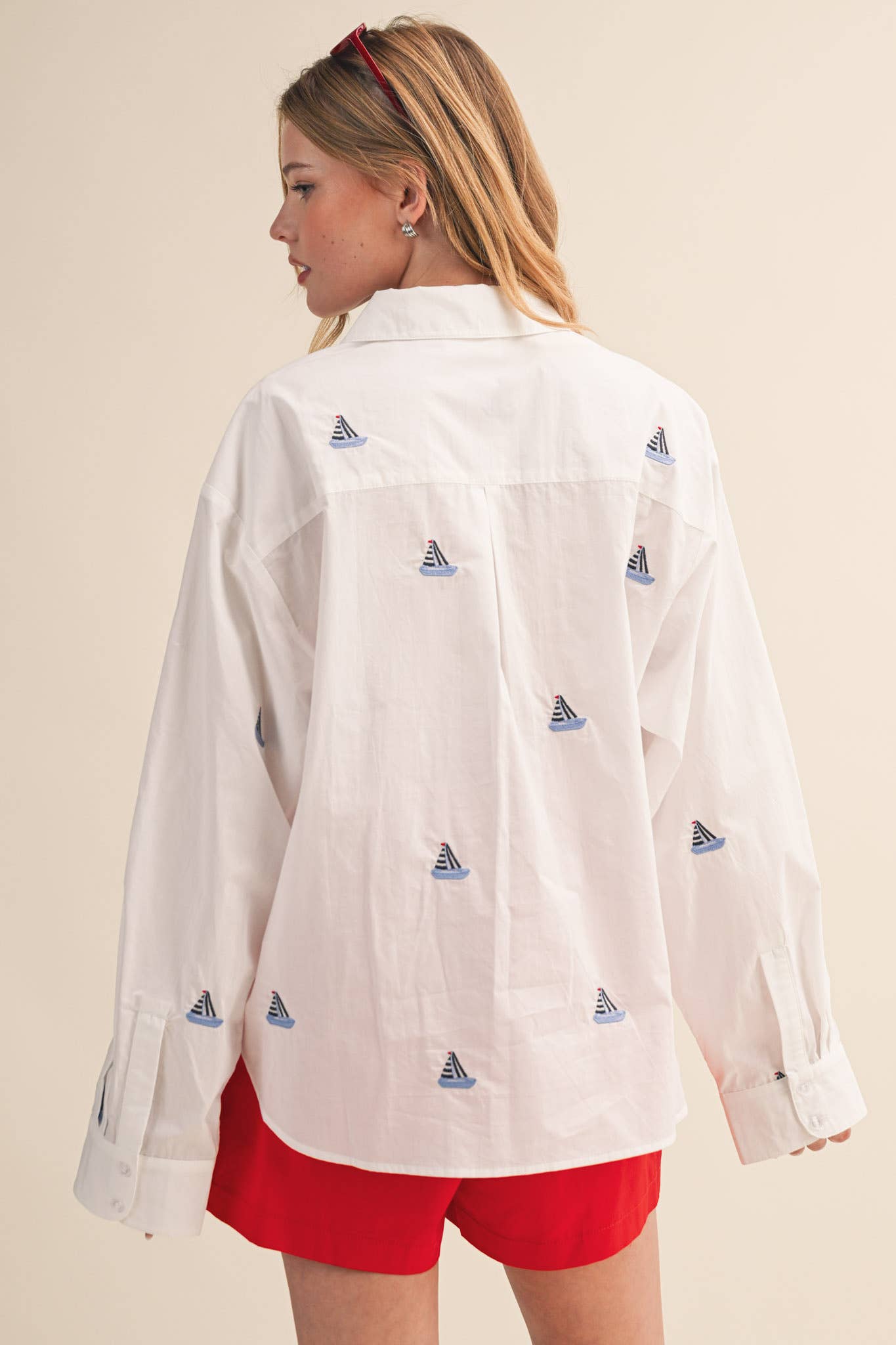 Sailboat Embroidery Button Down Top
