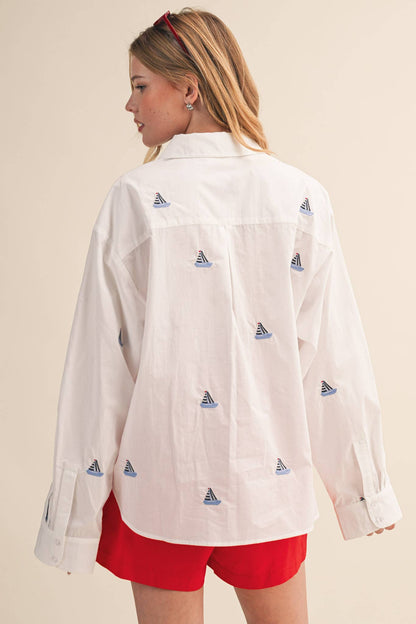 Sailboat Embroidery Button Down Top