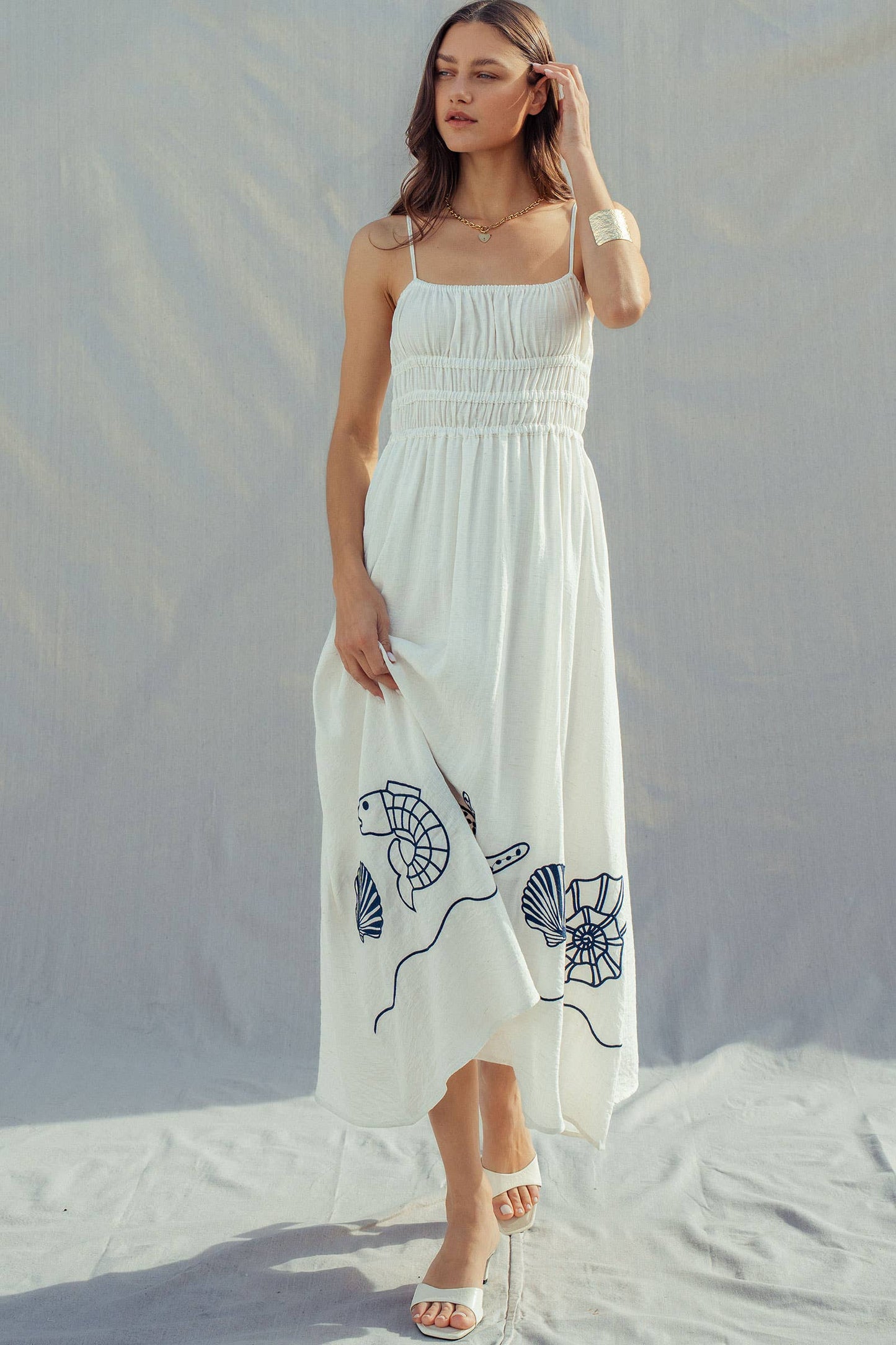 Seashell Embroidered Linen Blend Dress