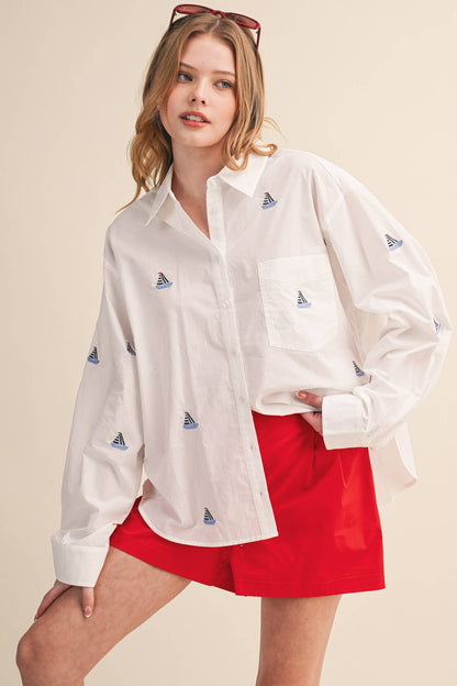 Sailboat Embroidery Button Down Top