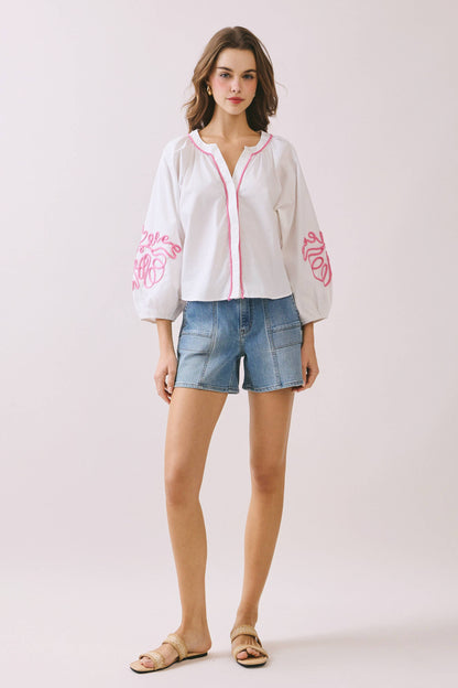 Bold Embroidery Puff Sleeves Blouse