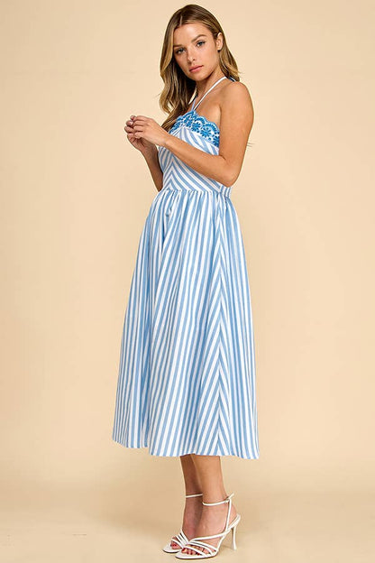 Scalloped halter neckline midi dress