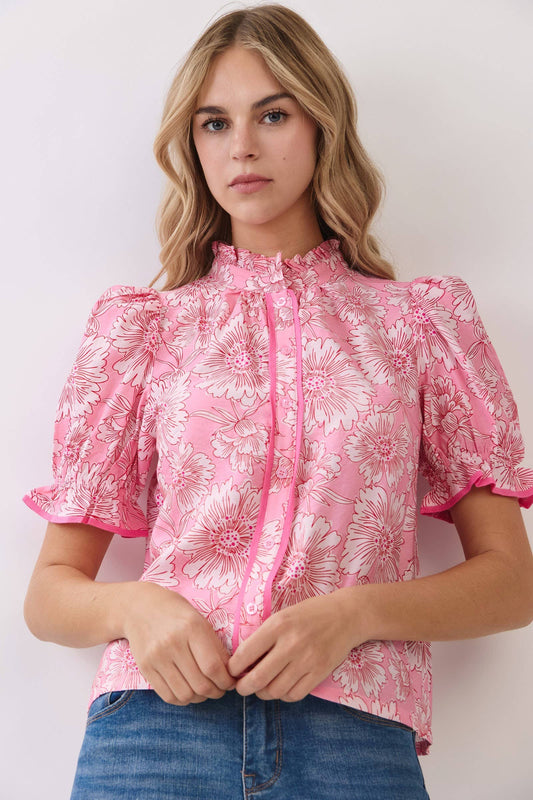 Floral Contrast Piping Puff Sleeve Blouse