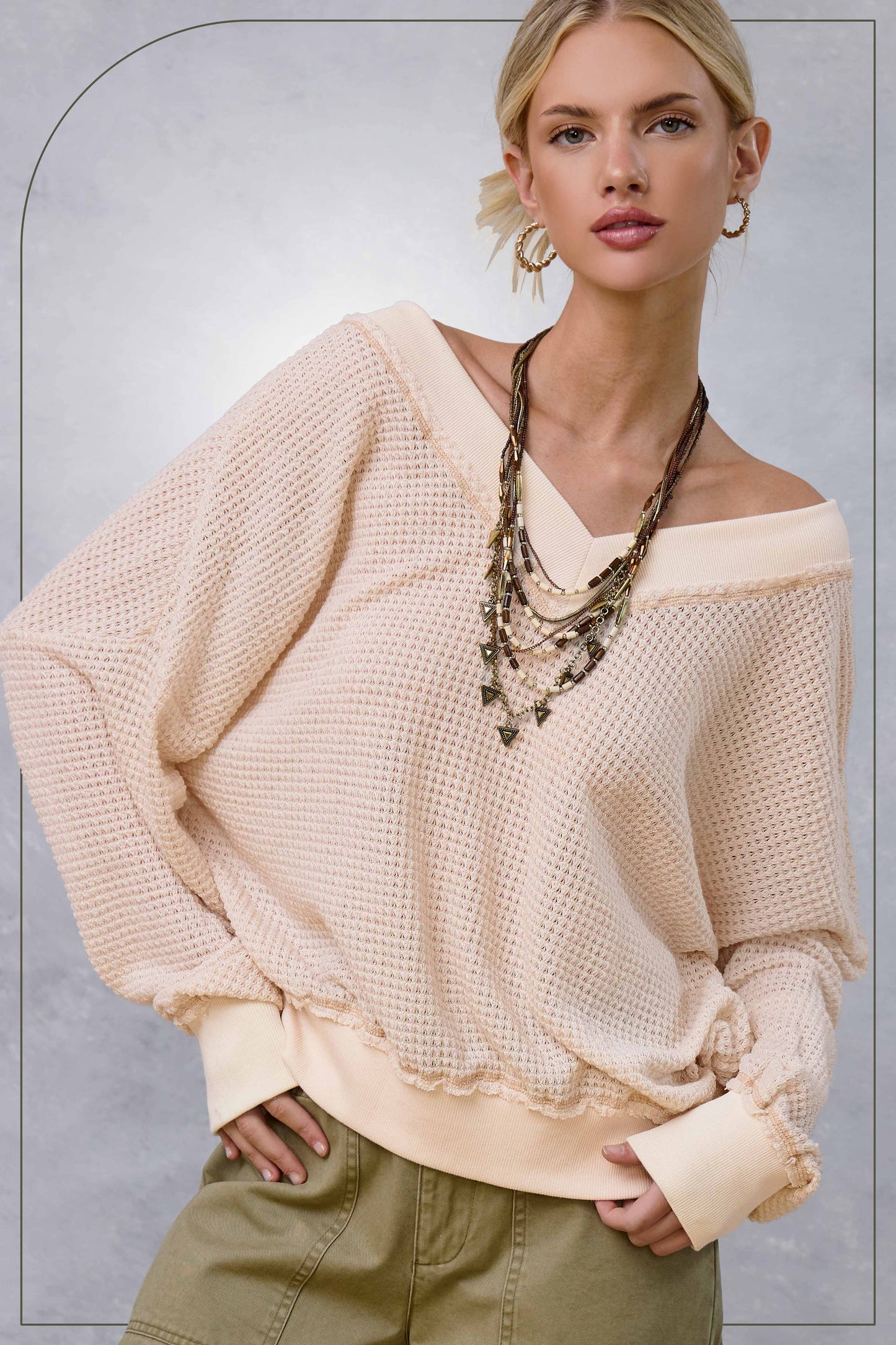 V-neck Waffle Long Sleeve Top