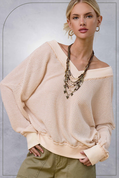 V-neck Waffle Long Sleeve Top