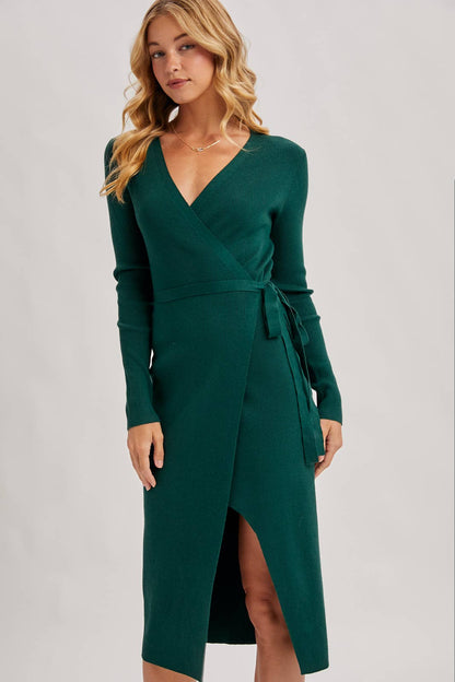 RIBBED KNIT V-NECK WRAP MIDI DRESS