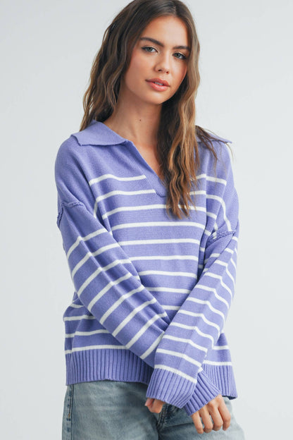 BMW7468 - V-NECK STRIPED SWEATER