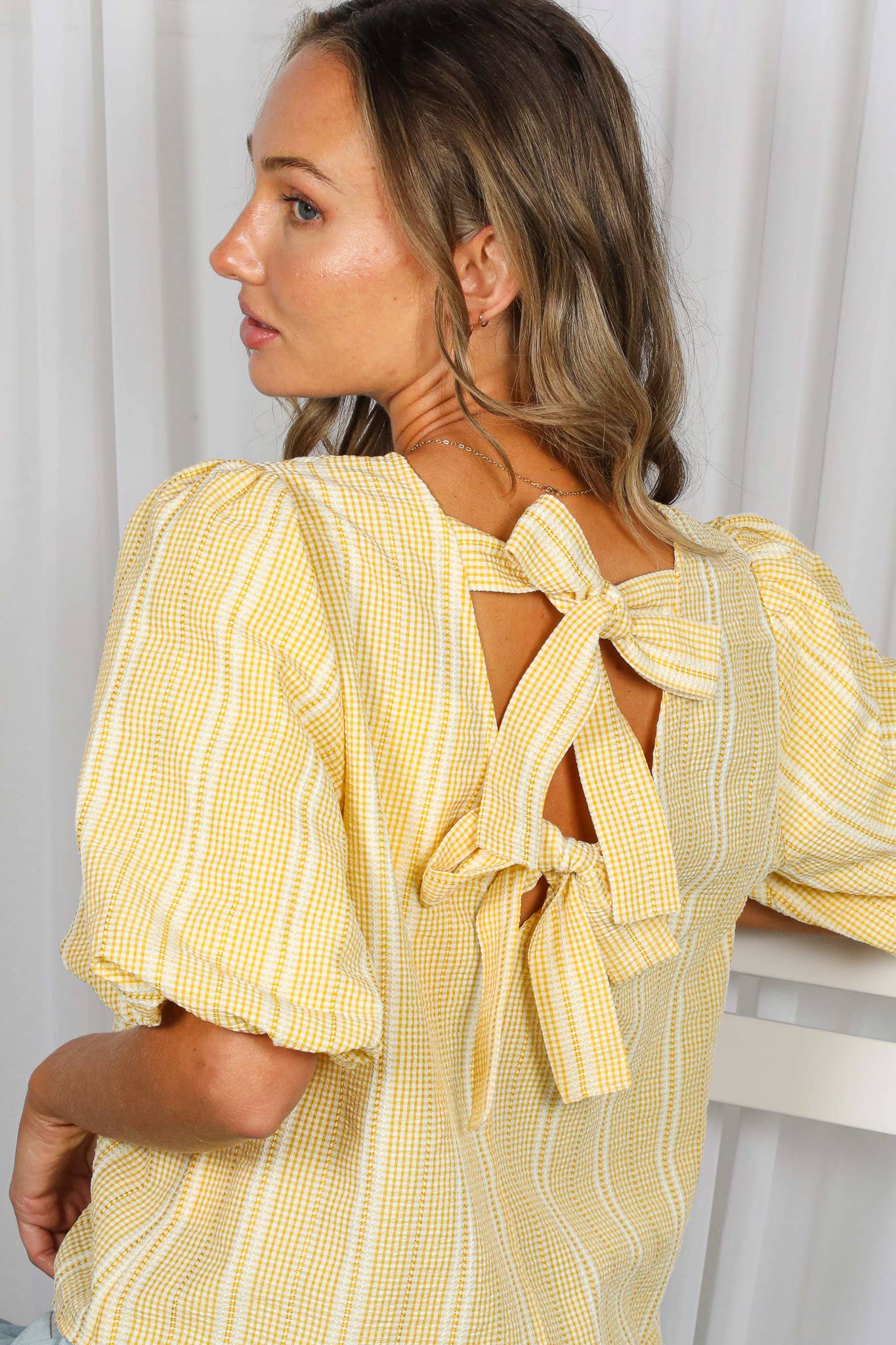 V-Back 2 Bow Accent Plaid Blouse