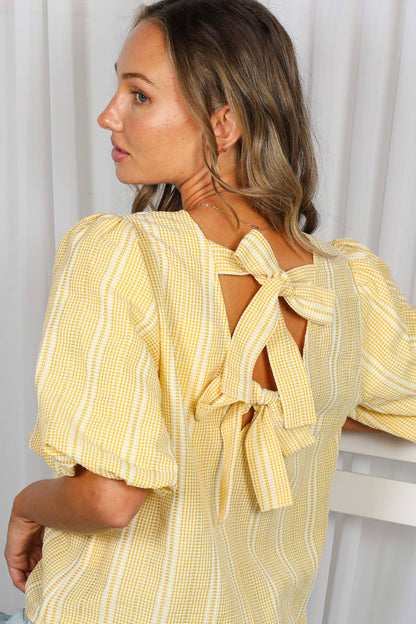 V-Back 2 Bow Accent Plaid Blouse