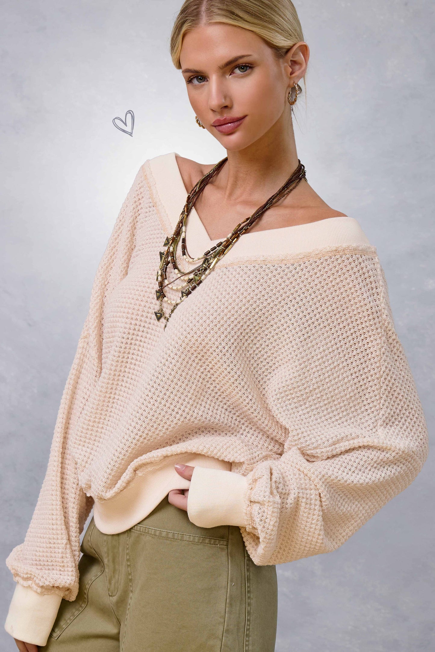 V-neck Waffle Long Sleeve Top