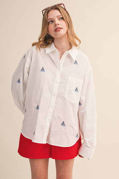 Sailboat Embroidery Button Down Top