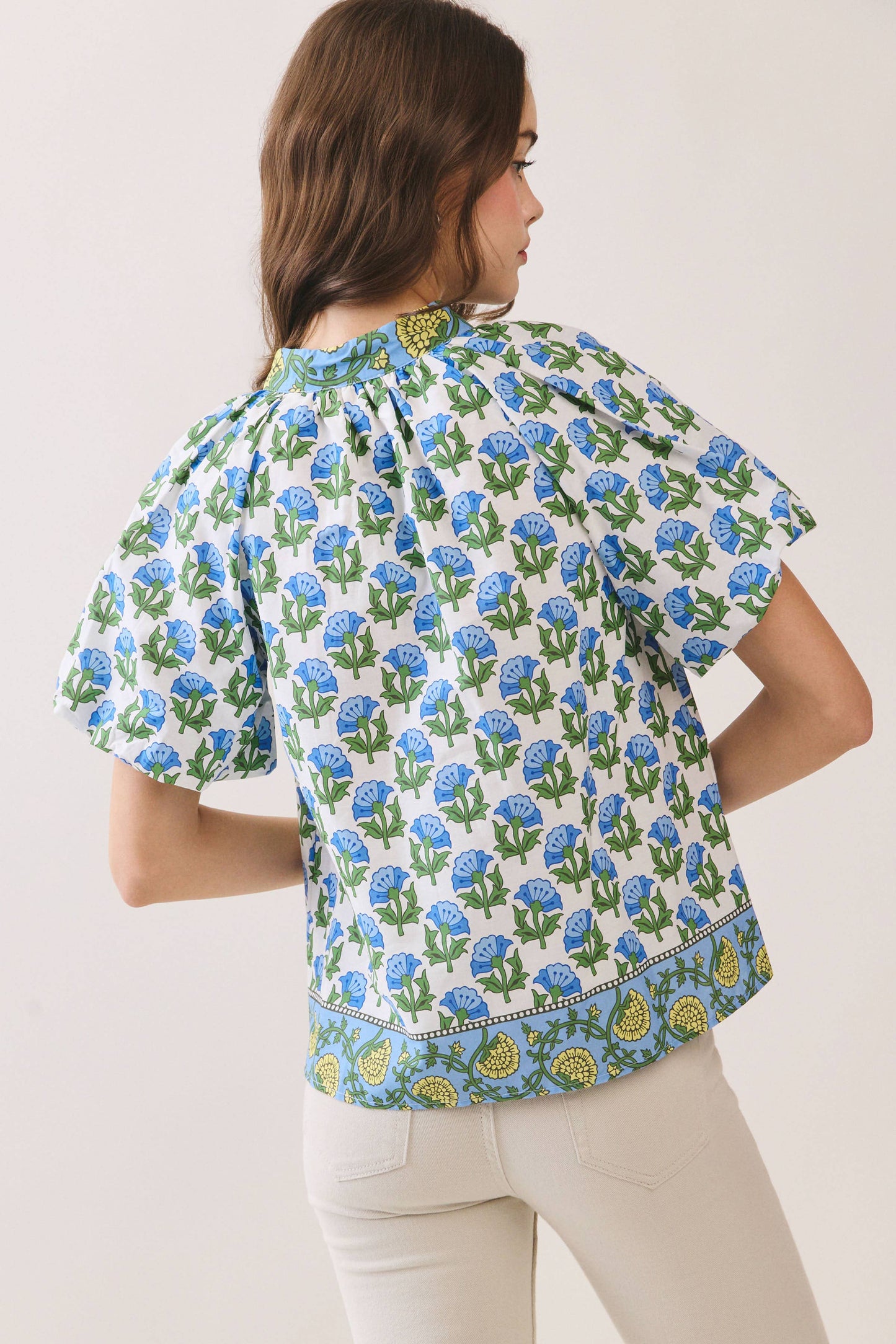 Floral Print Bubble Sleeves Split Neckline top