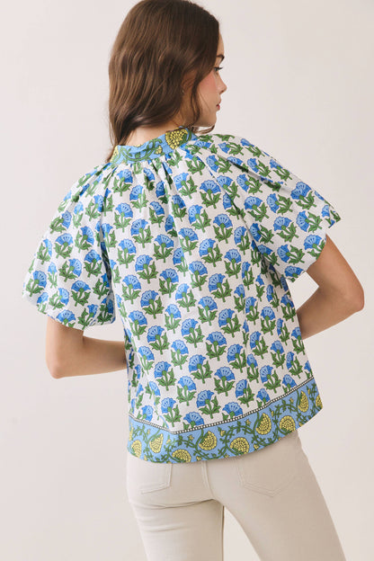 Floral Print Bubble Sleeves Split Neckline top