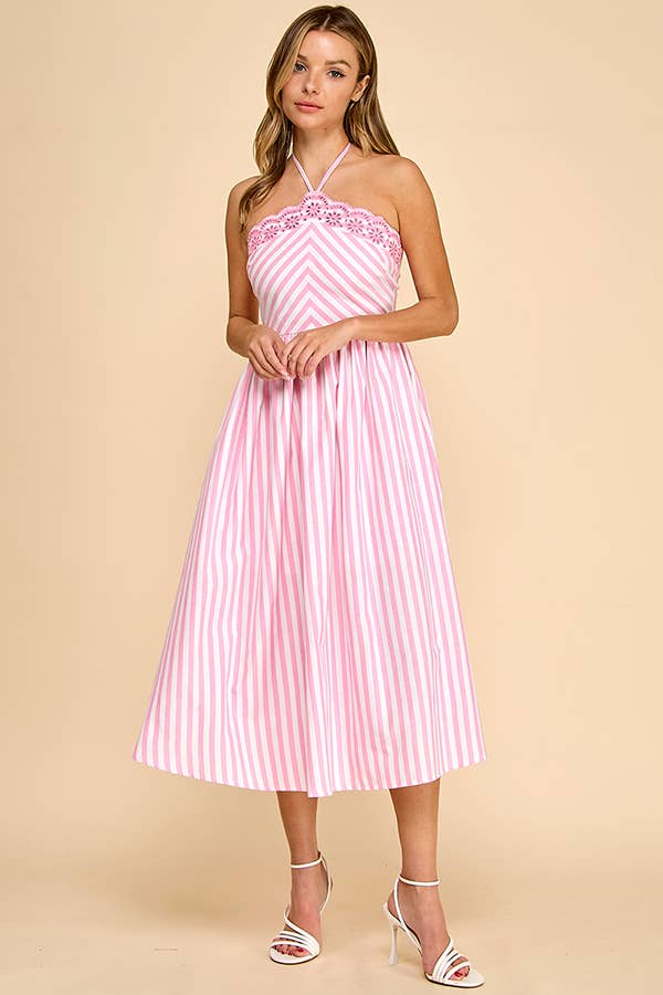 Scalloped halter neckline midi dress