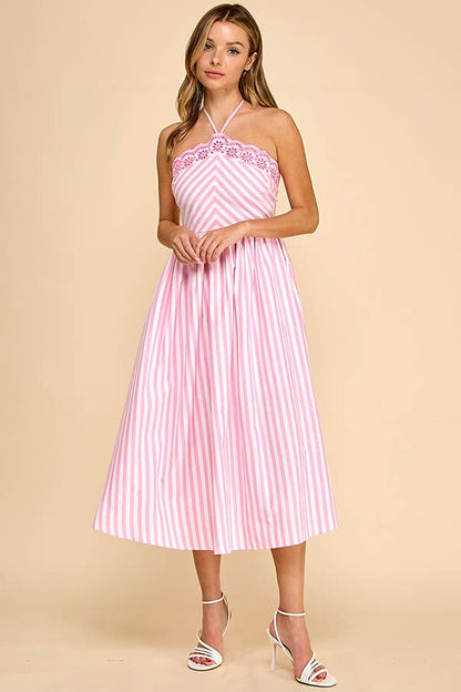 Scalloped halter neckline midi dress