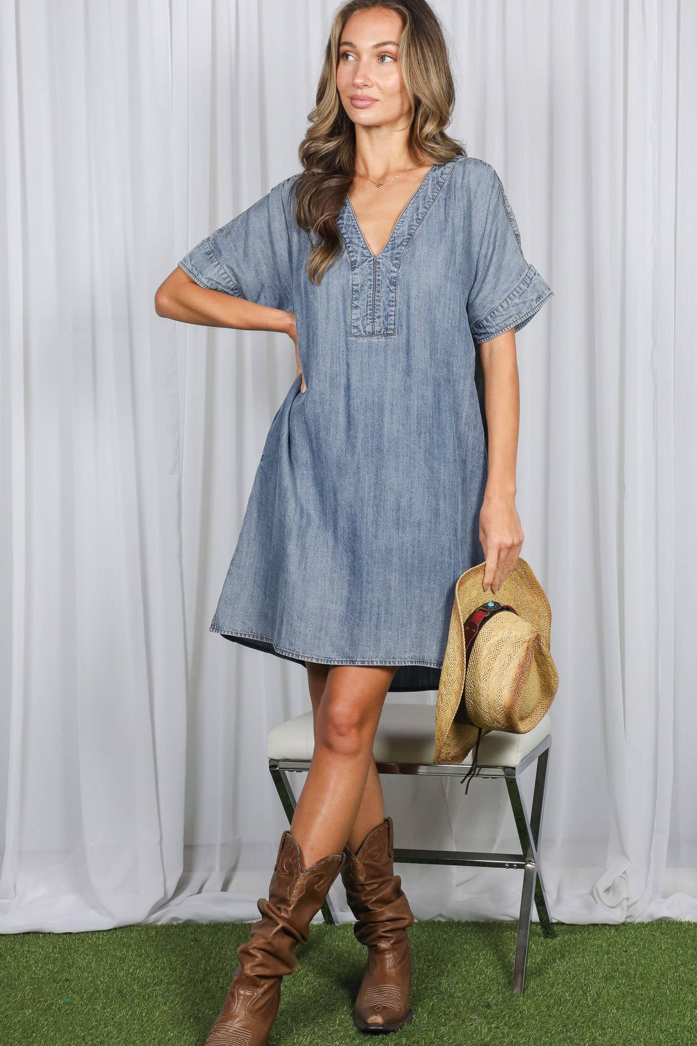 V-Neck Chambray Denim Dress