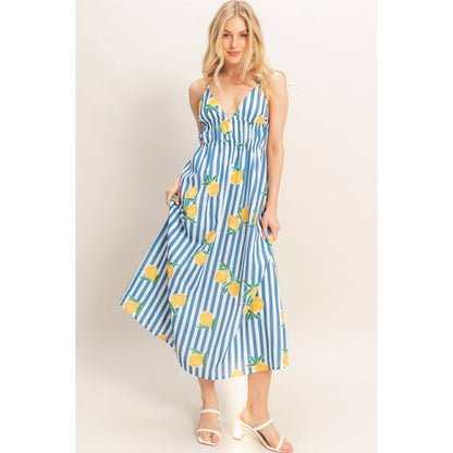 Striped Lemon Print Midi Dress