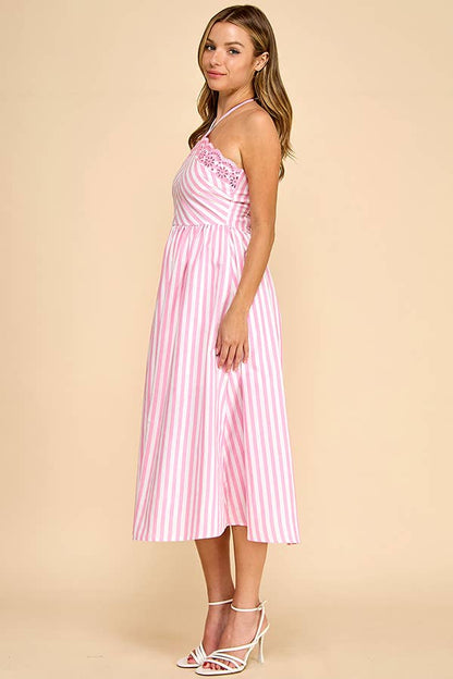 Scalloped halter neckline midi dress