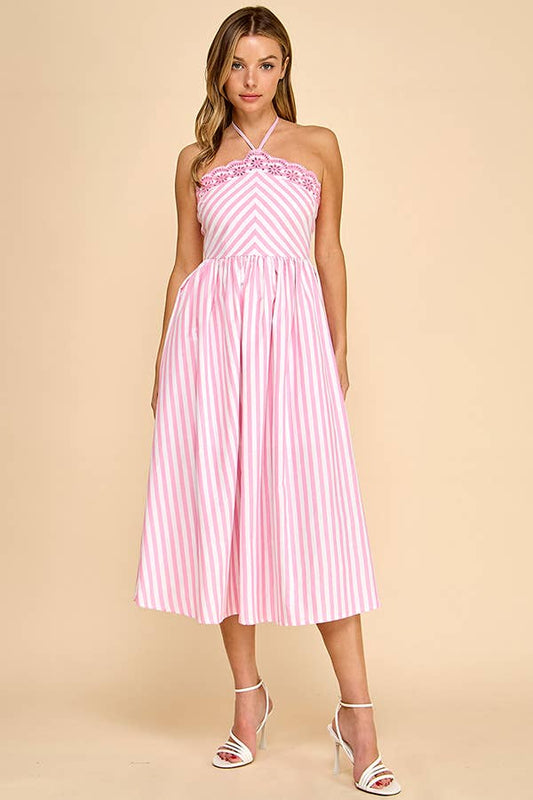 Scalloped halter neckline midi dress
