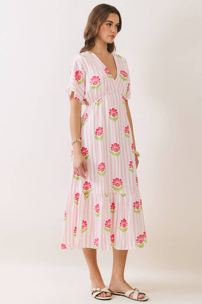 Floral Stripe Print V Neck Midi Dress