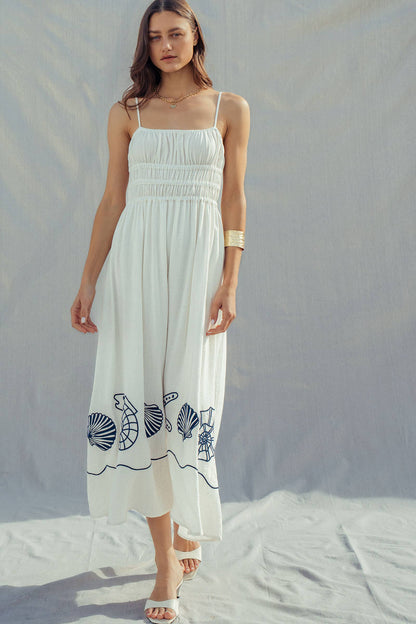 Seashell Embroidered Linen Blend Dress