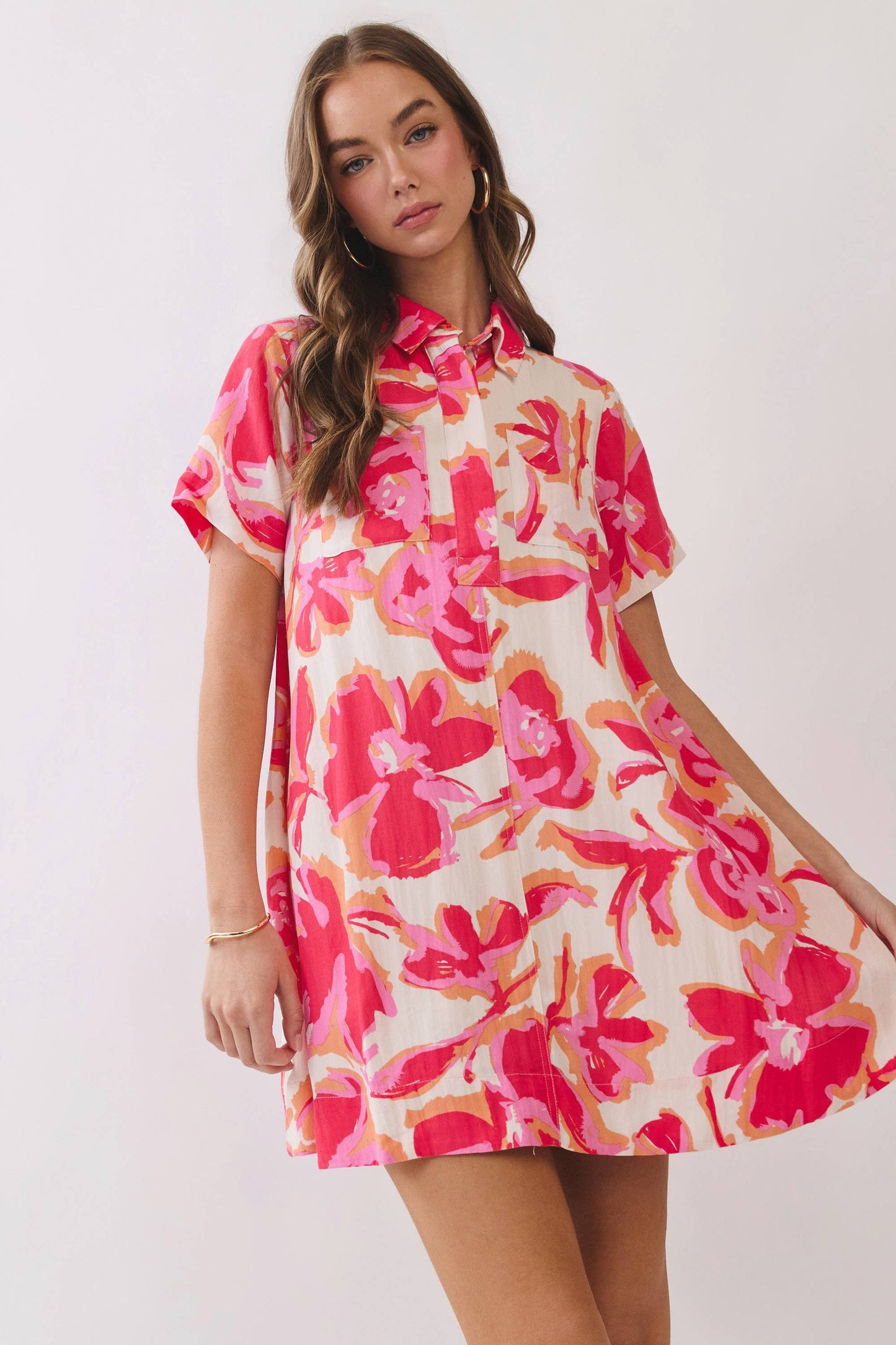 Abstract Floral Print Shirt Mini Dress