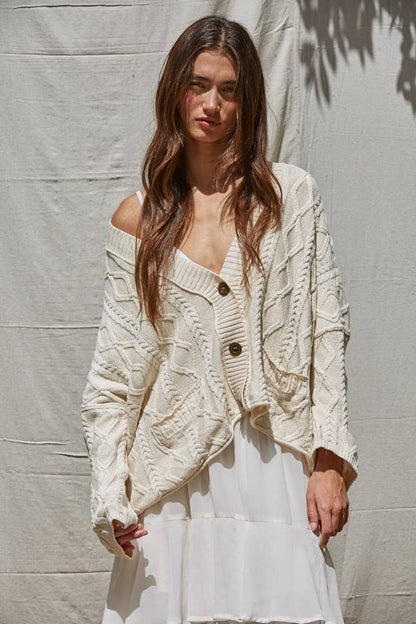 V-Neck Cable Knit Cardigan Top