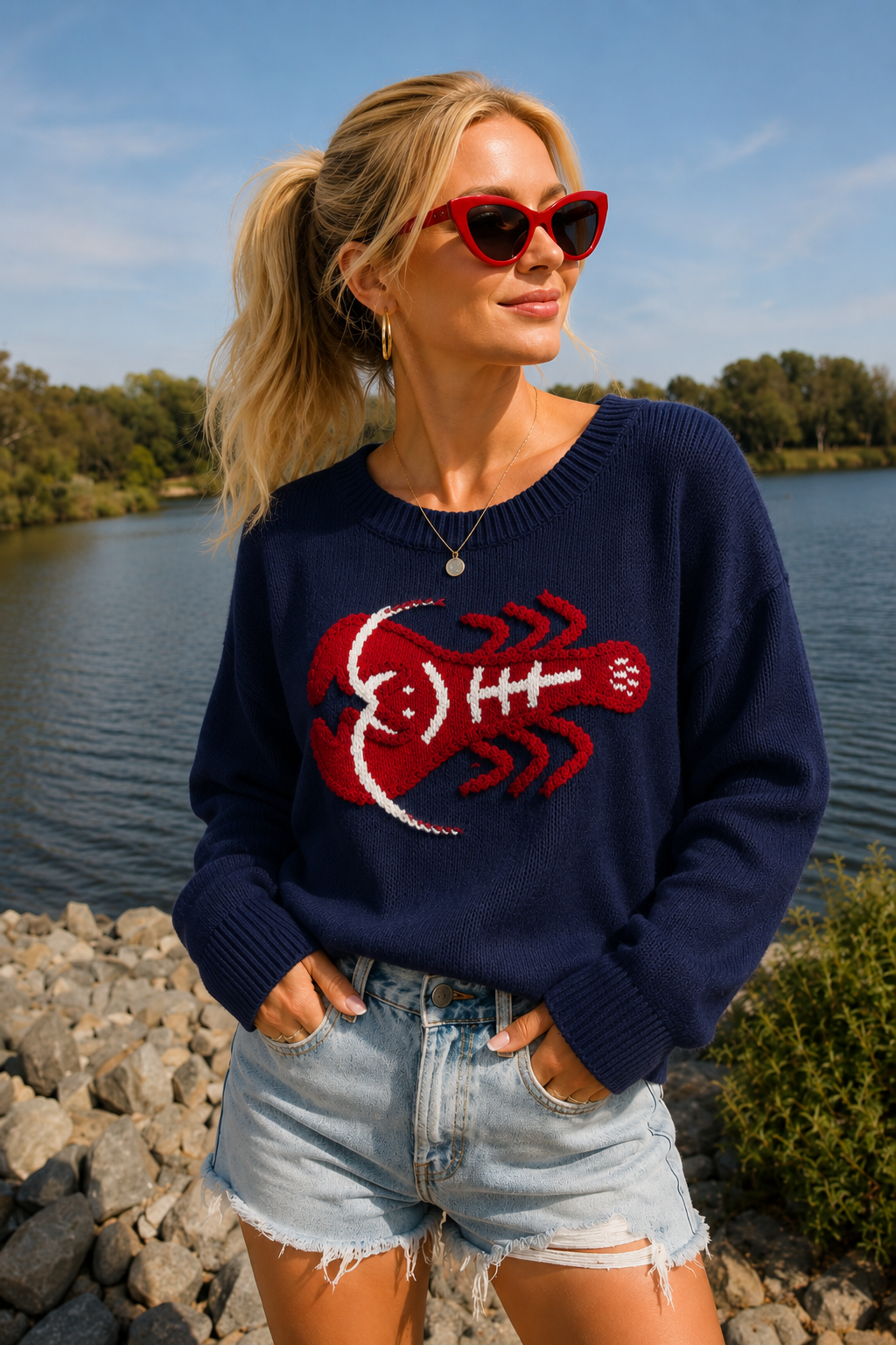 Lobster Embroidered Knit Sweater