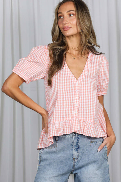 Gingham Short Puff Sleeve Blouse
