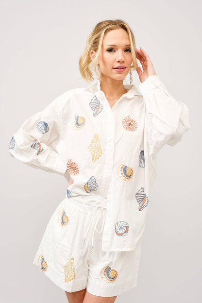 Linen Seashell Embroidered Shirt