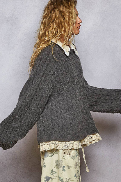Collar neck double gauze crochet patch sweater top