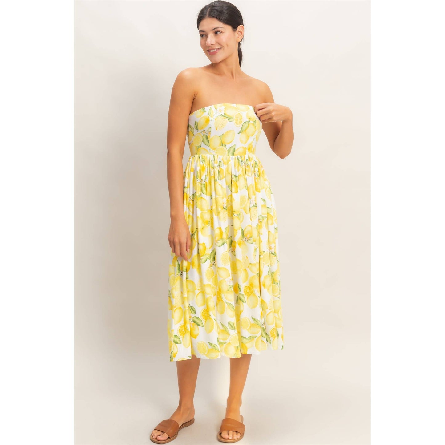 Strapless Lemon-Print Midi Dress