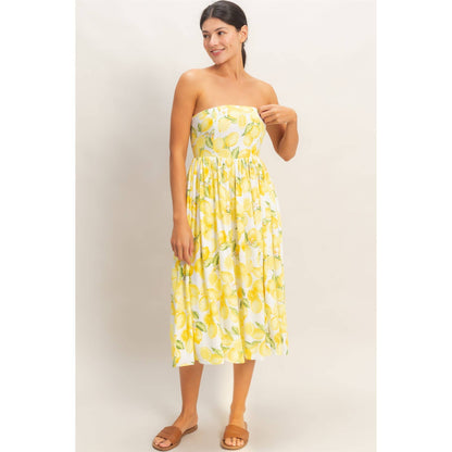 Strapless Lemon-Print Midi Dress