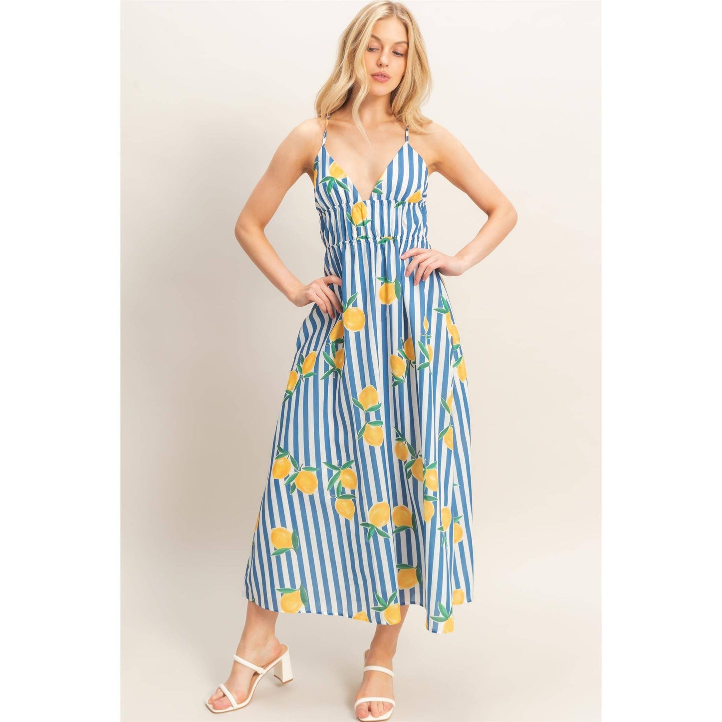Striped Lemon Print Midi Dress
