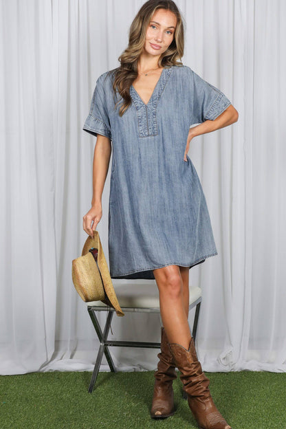 V-Neck Chambray Denim Dress