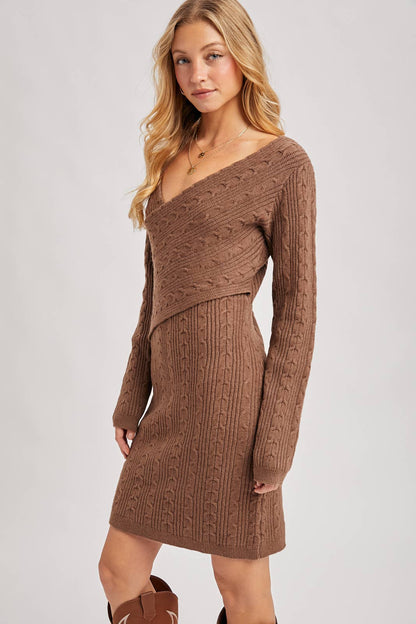 V-Neck Cable Knit Sweater Wrap Dress