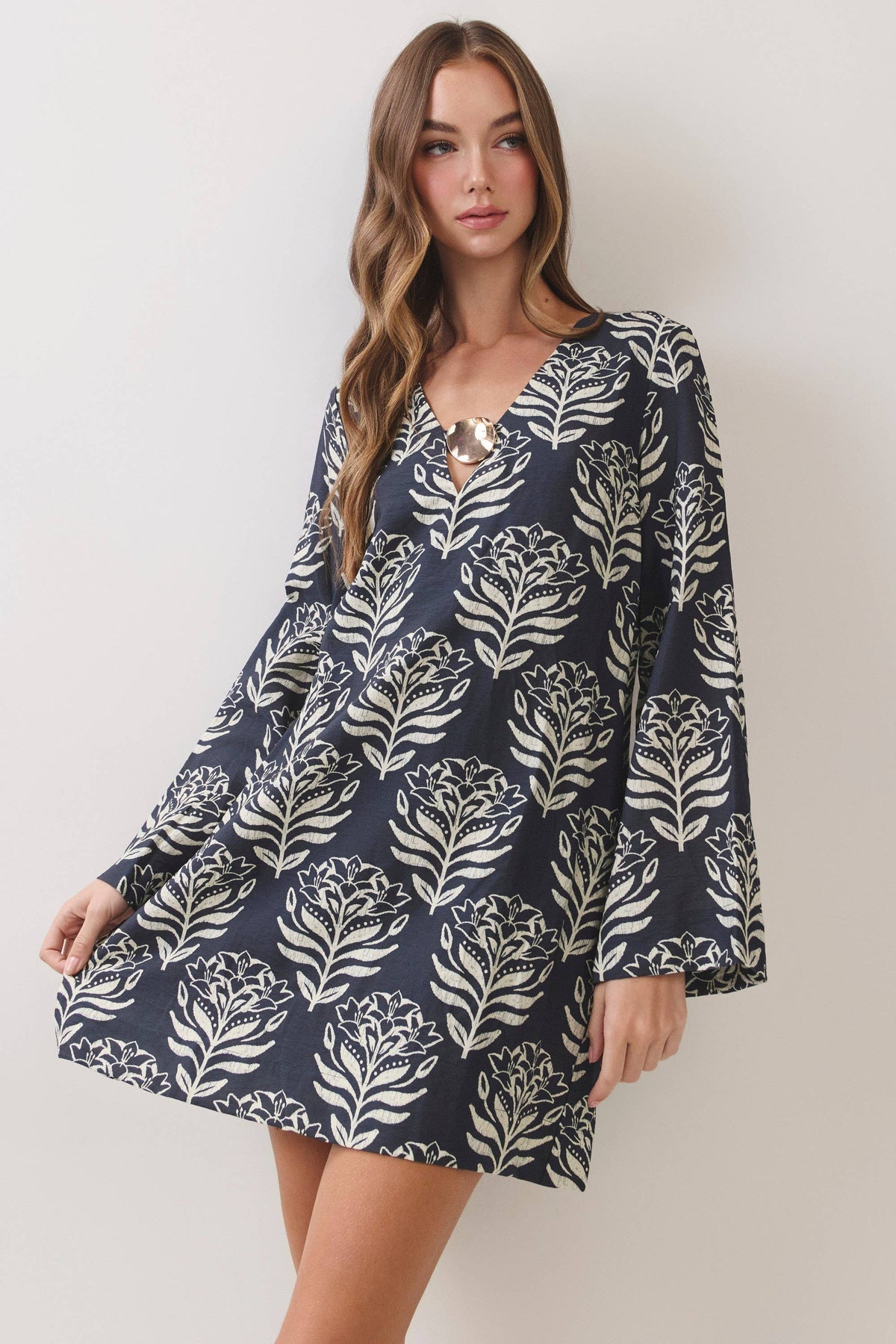 Floral Print Metal Ring Mini Dress