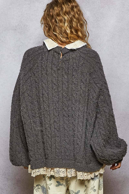 Collar neck double gauze crochet patch sweater top