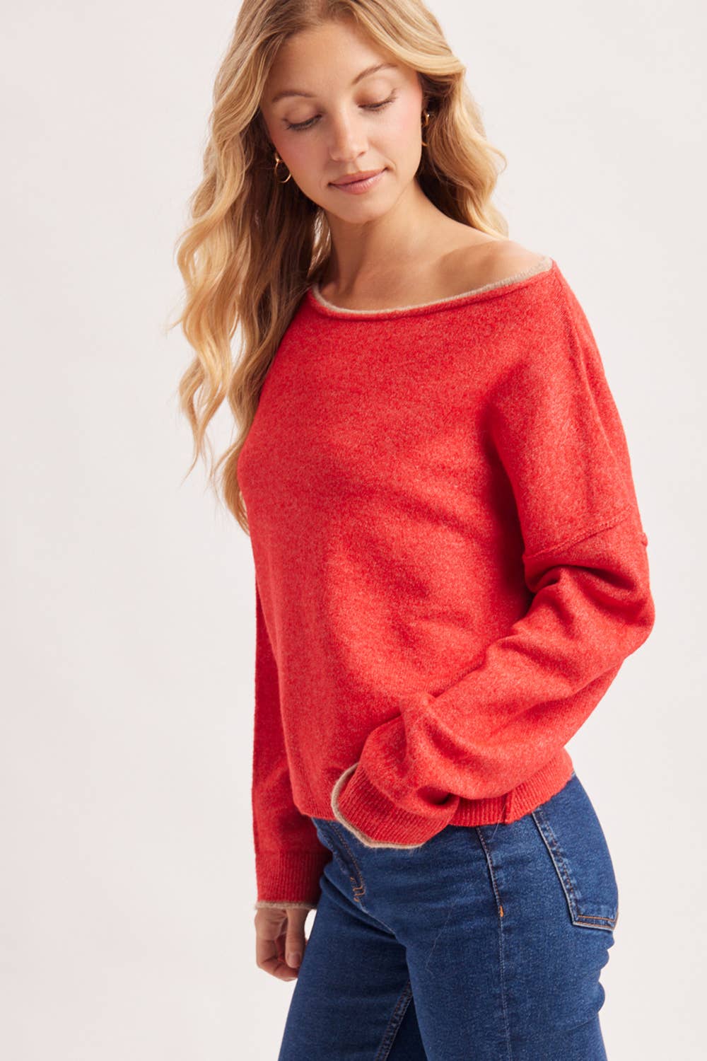 Boat Neck Rolled Trim Sweater