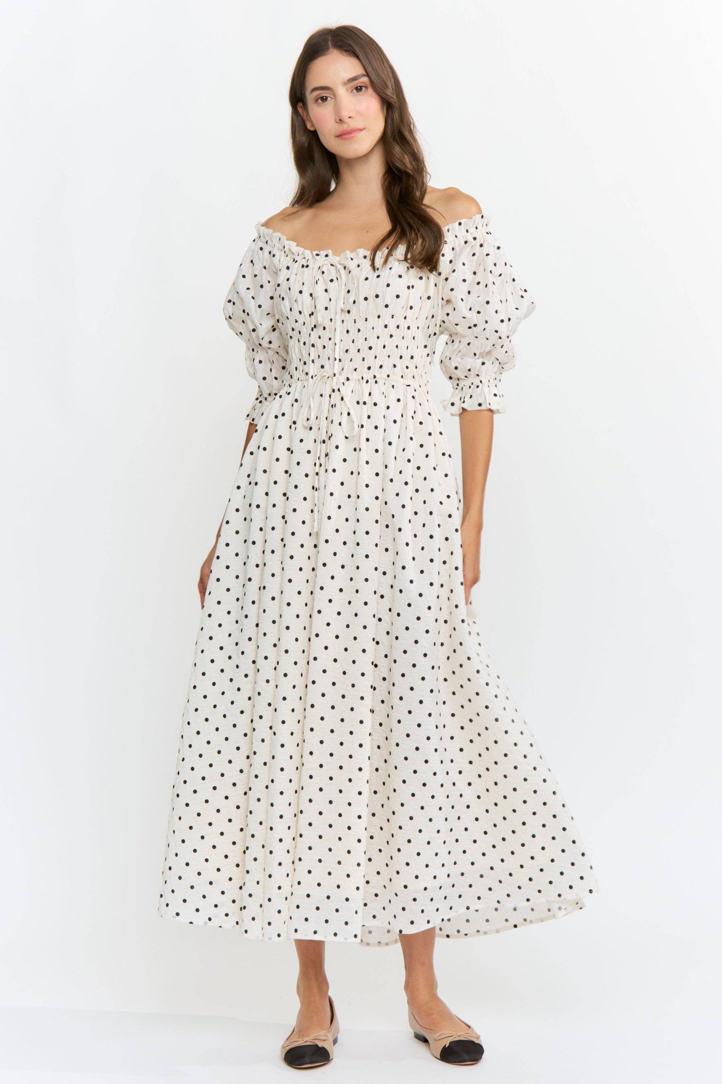Off Shoulder Smocked Midi Dress