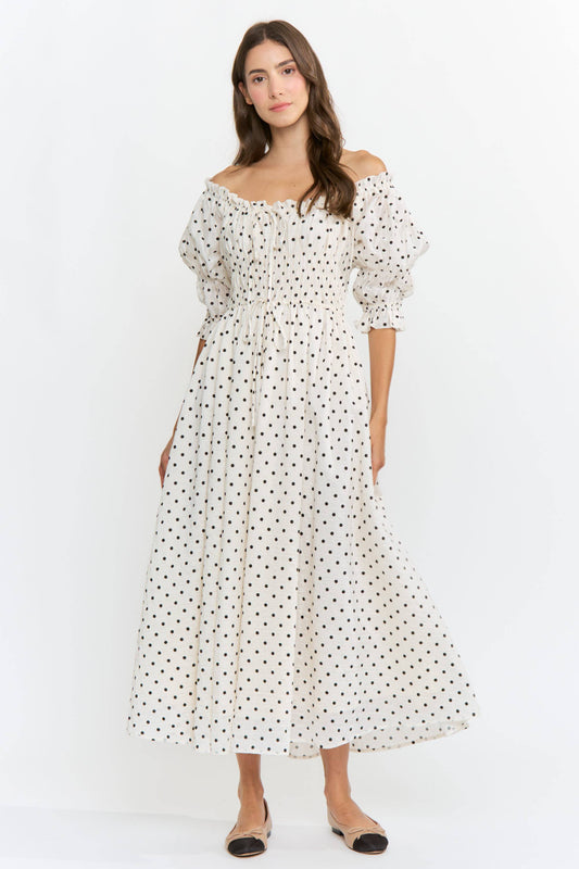 Off Shoulder Smocked Midi Dress
