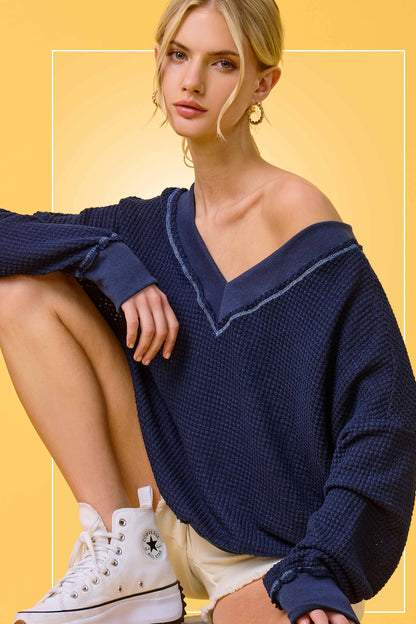 V-neck Waffle Long Sleeve Top