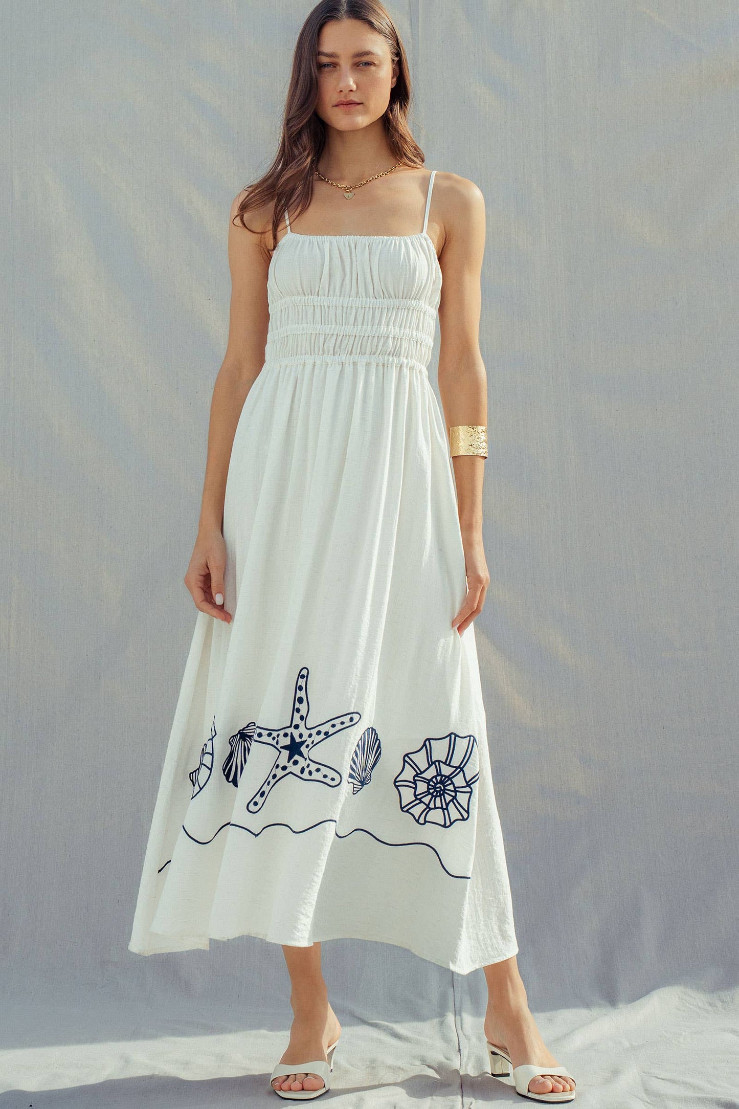 Seashell Embroidered Linen Blend Dress