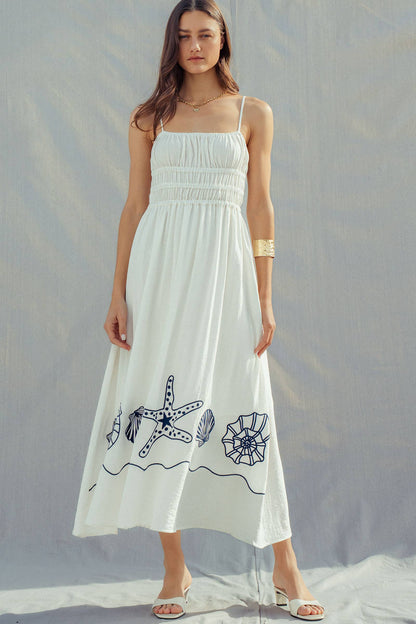 Seashell Embroidered Linen Blend Dress