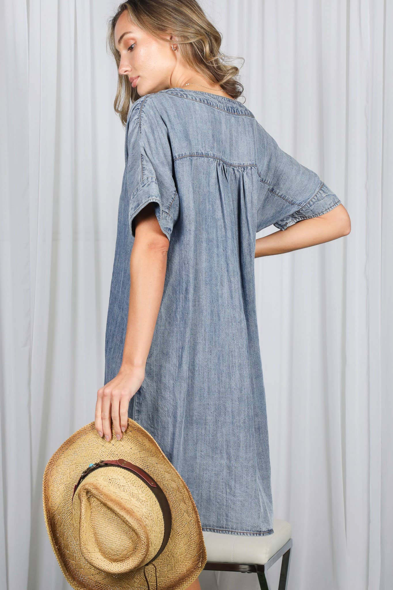 V-Neck Chambray Denim Dress