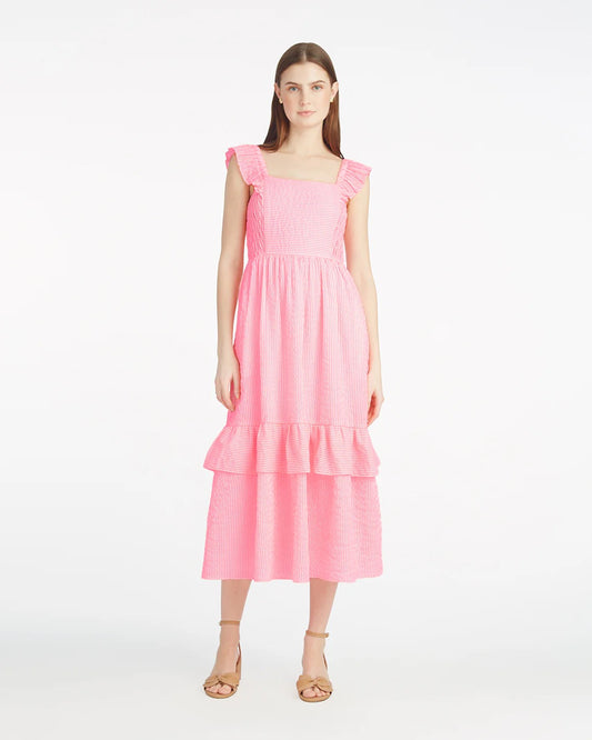 Carrie Midi Dress in Pink Seersucker
